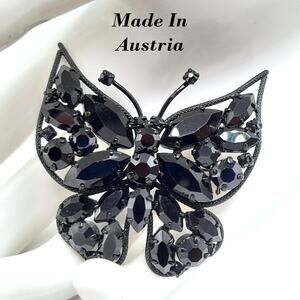 Vintage Butterfly Brooch, Japanned Black Enamel, Made in Austria, 1950s